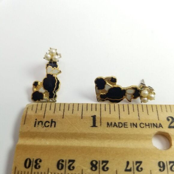 Vintage Poodle Shaped Stud Earrings, Enamel and Gold Tone Setting, Black White - Picture 2 of 5